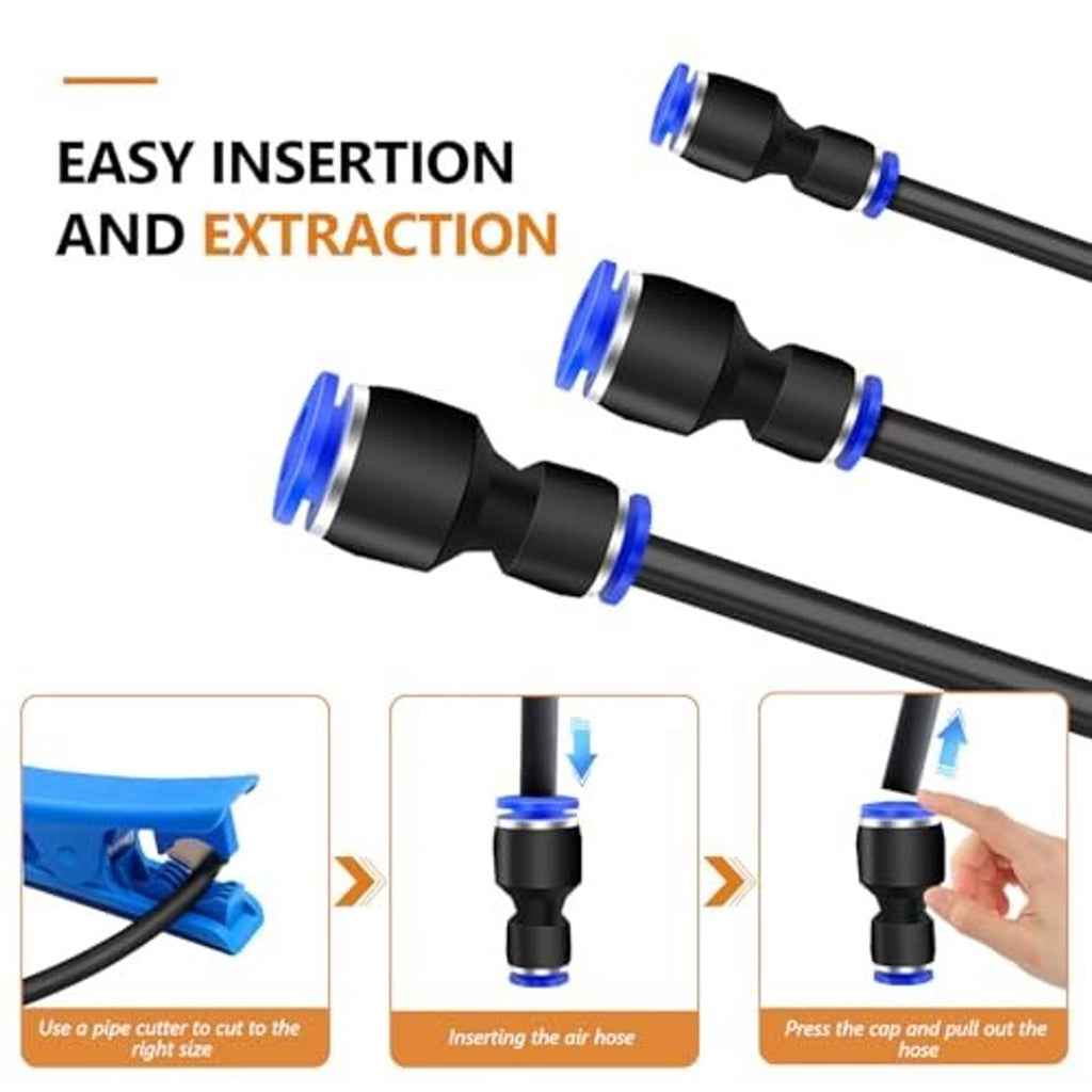Reducer fitting on two hoses showing easy insertion and extraction with blue collars