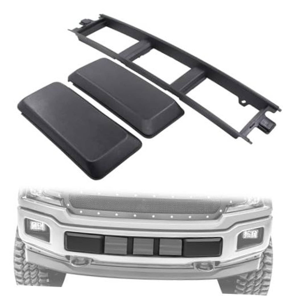 Black front bumper grille panel trim set with slotted bars and two end covers