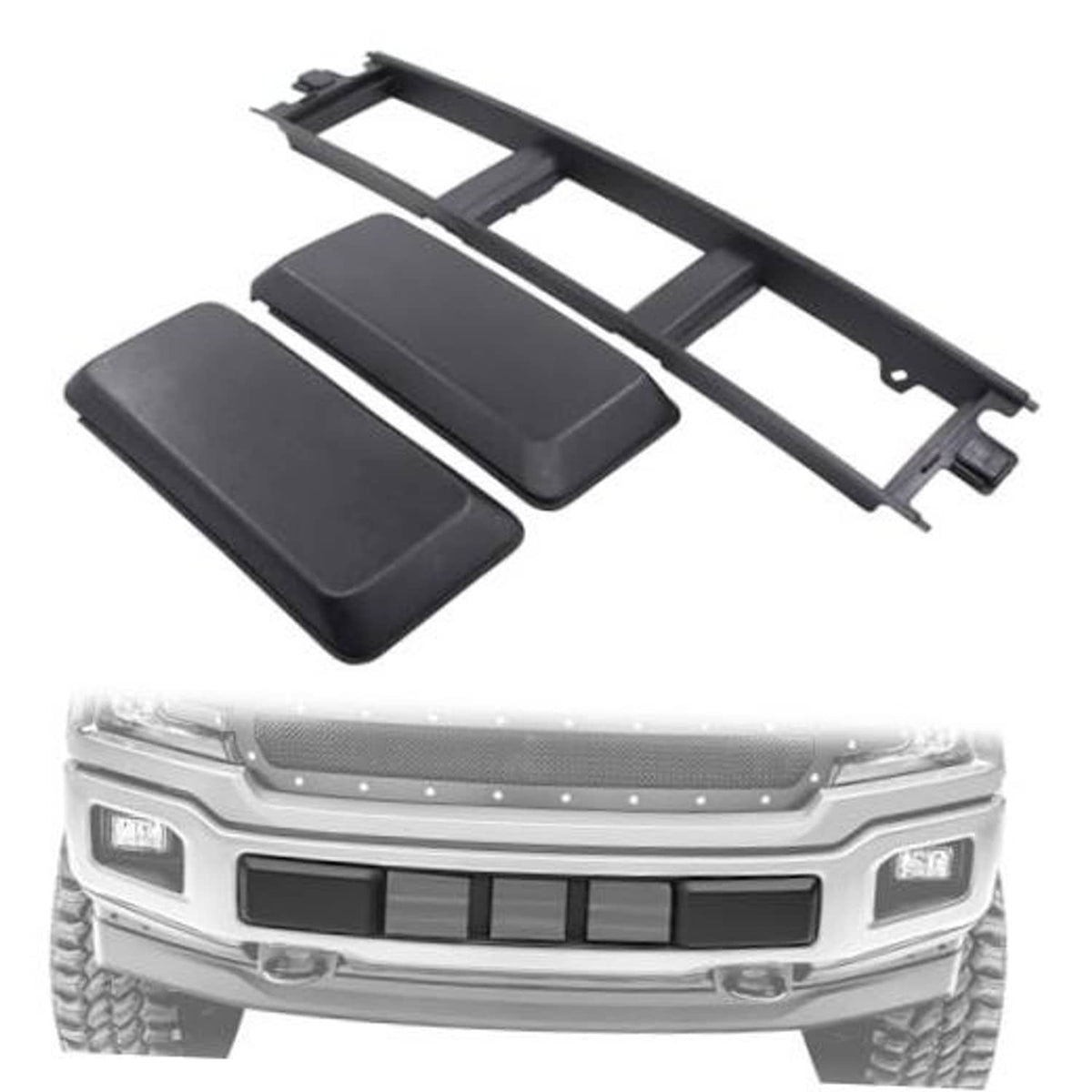 Black front bumper grille panel trim set with slotted bars and two end covers