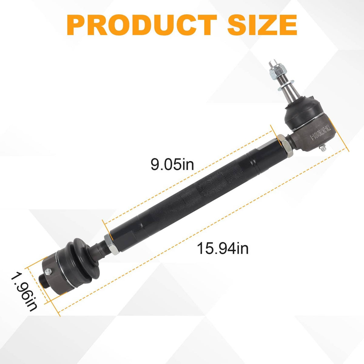 Two black tie rod links with rubber boots, ball ends, and threaded studs