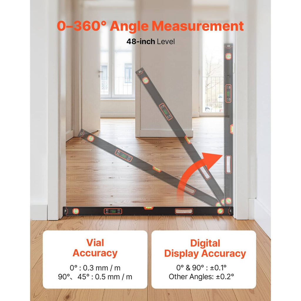 48-inch digital level with illuminated screen and vials for angled measurements