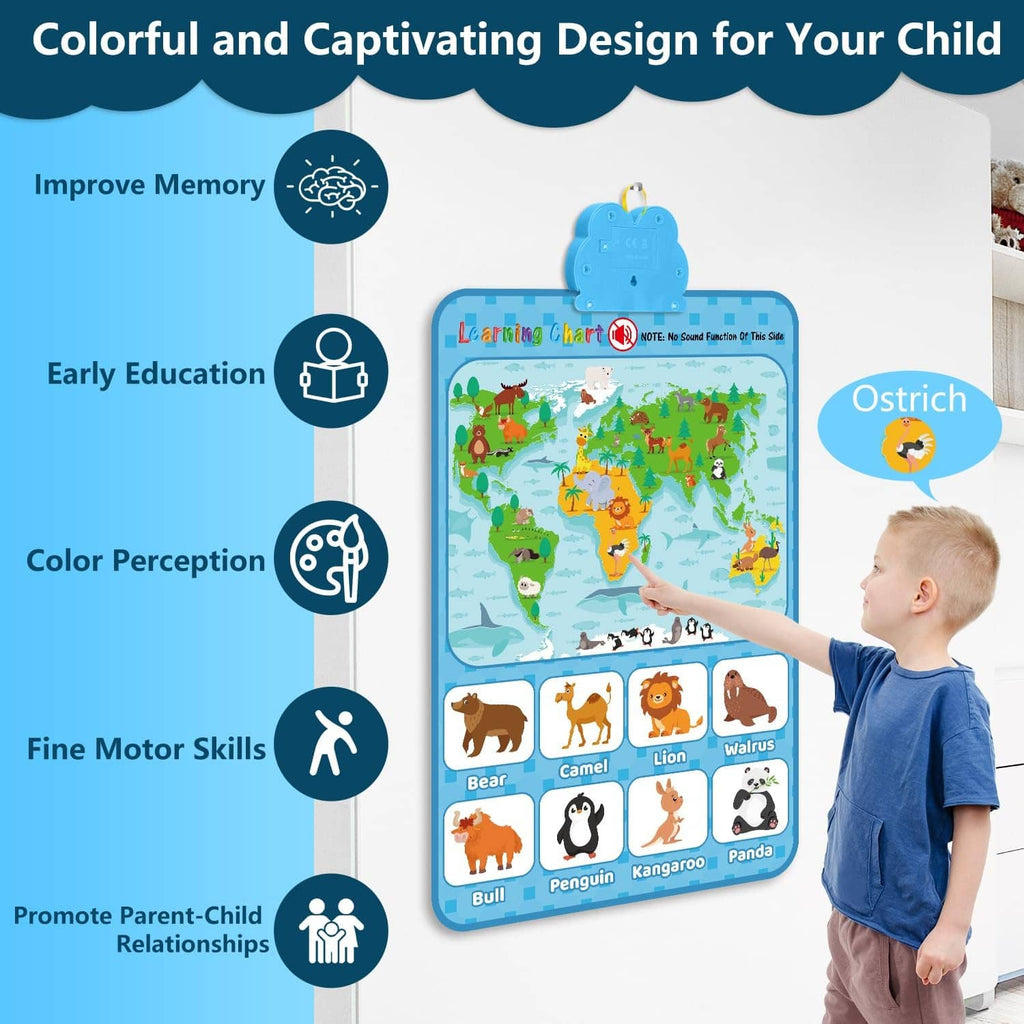 Blue kids learning wall chart with world map and animal picture tiles
