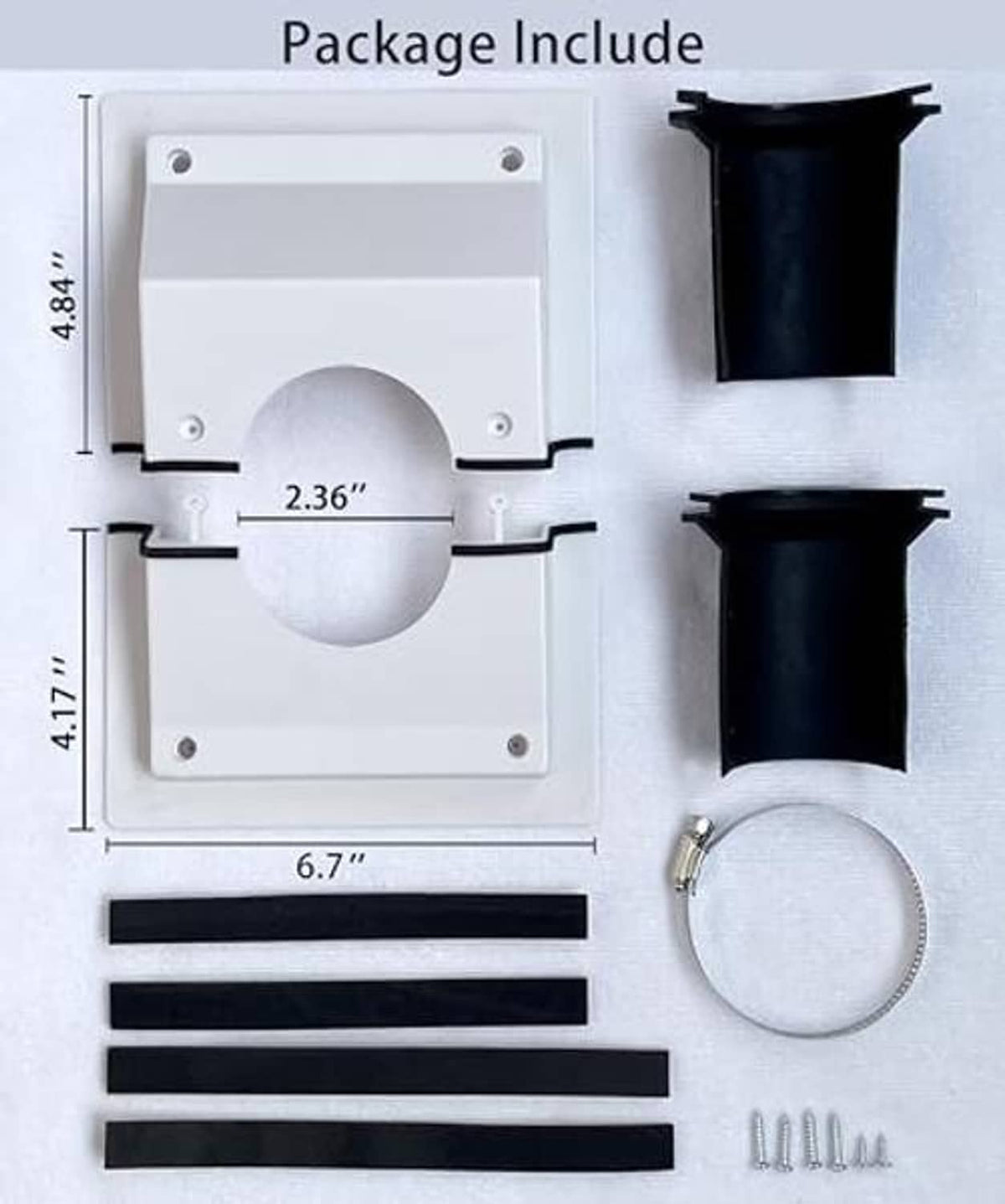 Split AC wall cover kit parts: plates, black covers, sealing gasket, mounting screws