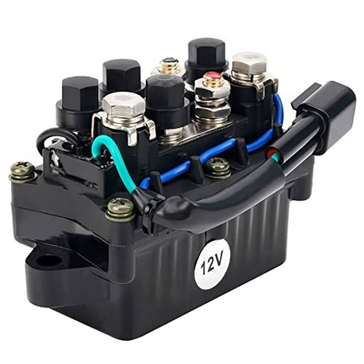 12V outboard relay assembly, black module with blue wire harness and mounting terminals