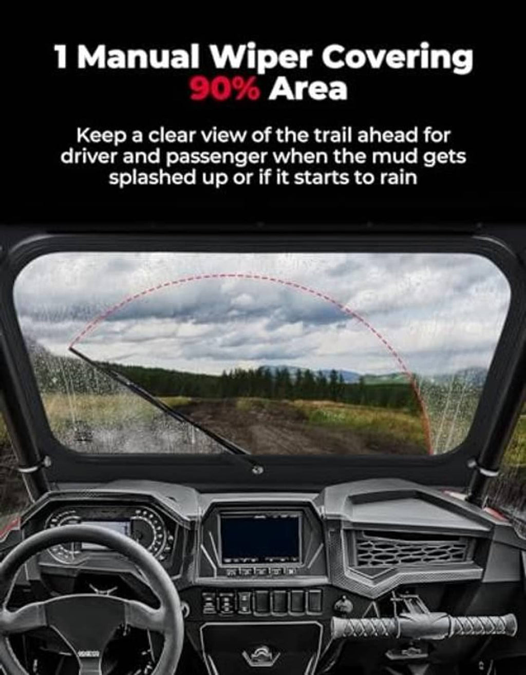 Front UTV windshield with clear glass and built-in wiper, keeping a clear viewing area.