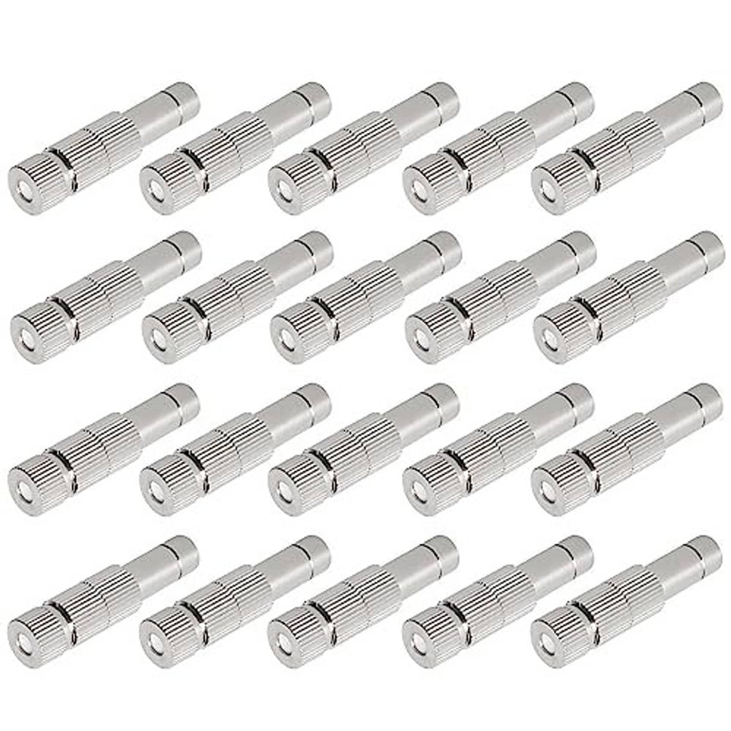 Twenty silver mister nozzles with ridged cylindrical bodies and front orifice plate