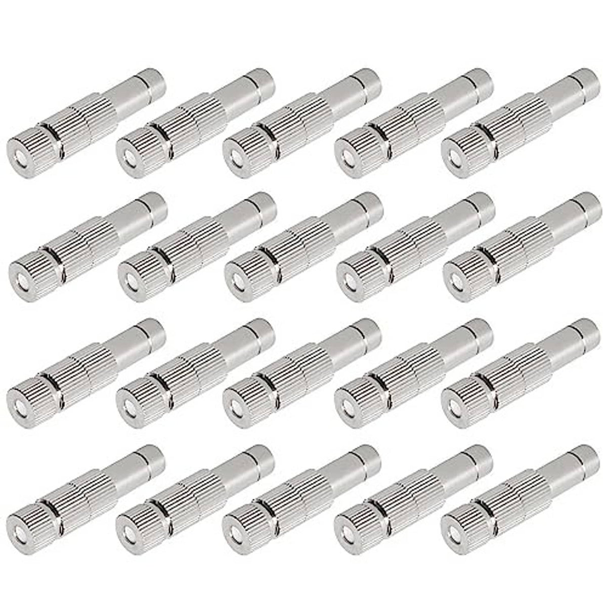 Twenty silver mister nozzles with ridged cylindrical bodies and front orifice plate