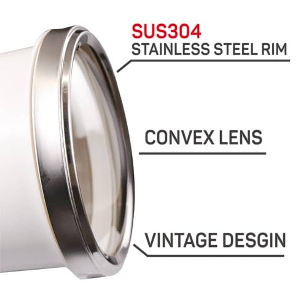 Stainless steel gauge bezel with convex lens and vintage-style rim detail