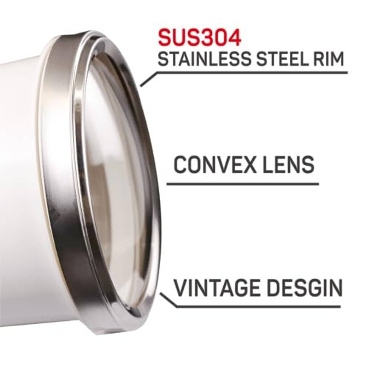 Stainless steel gauge bezel with convex lens and vintage-style rim detail