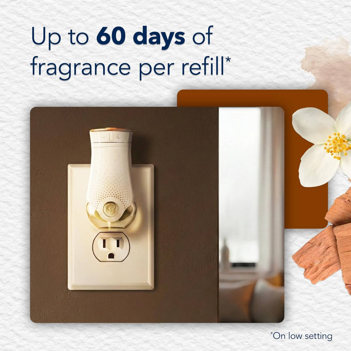 Glade Cashmere Woods plug-in warmer refill oil shown in wall outlet