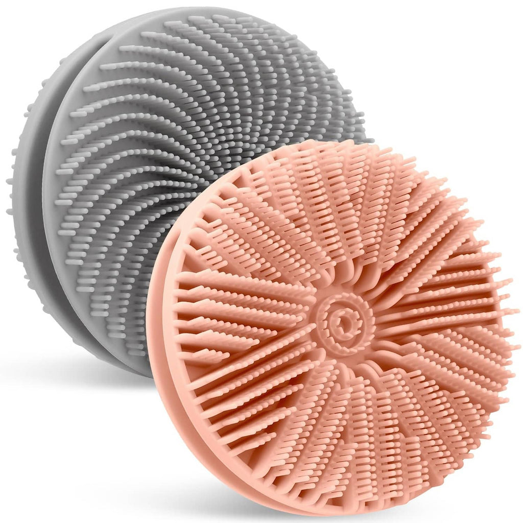 Silicone body scrubber disc, grey and peach-pink dual-sided bristles, handheld