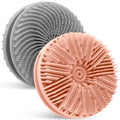 Silicone body scrubber disc, grey and peach-pink dual-sided bristles, handheld