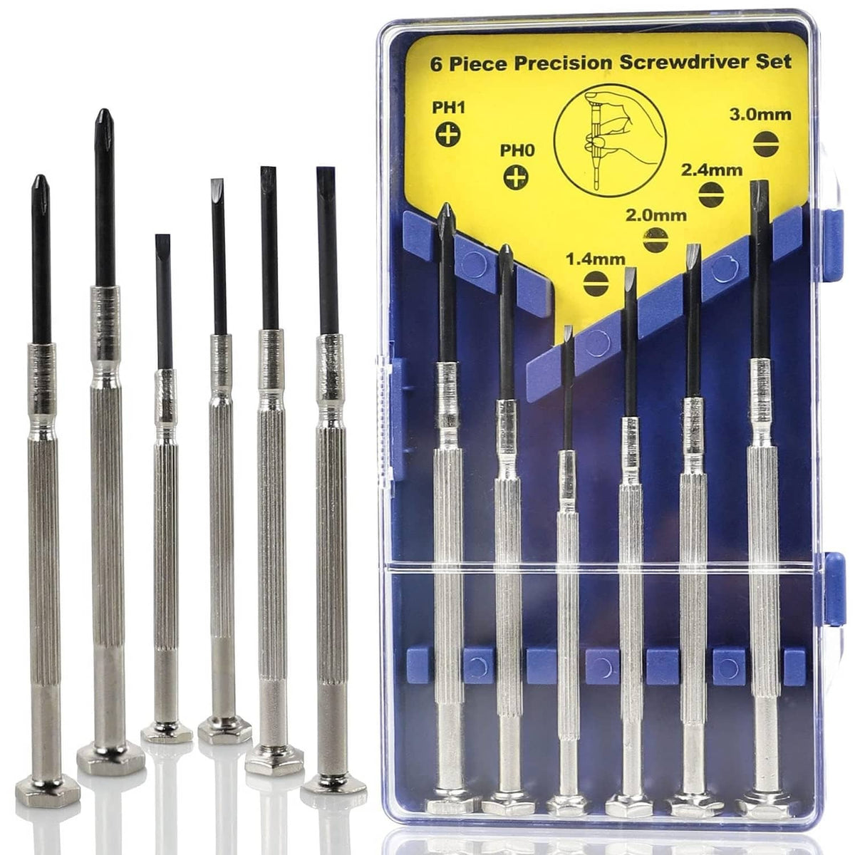 6-piece precision screwdriver set in a plastic storage case with driver tips