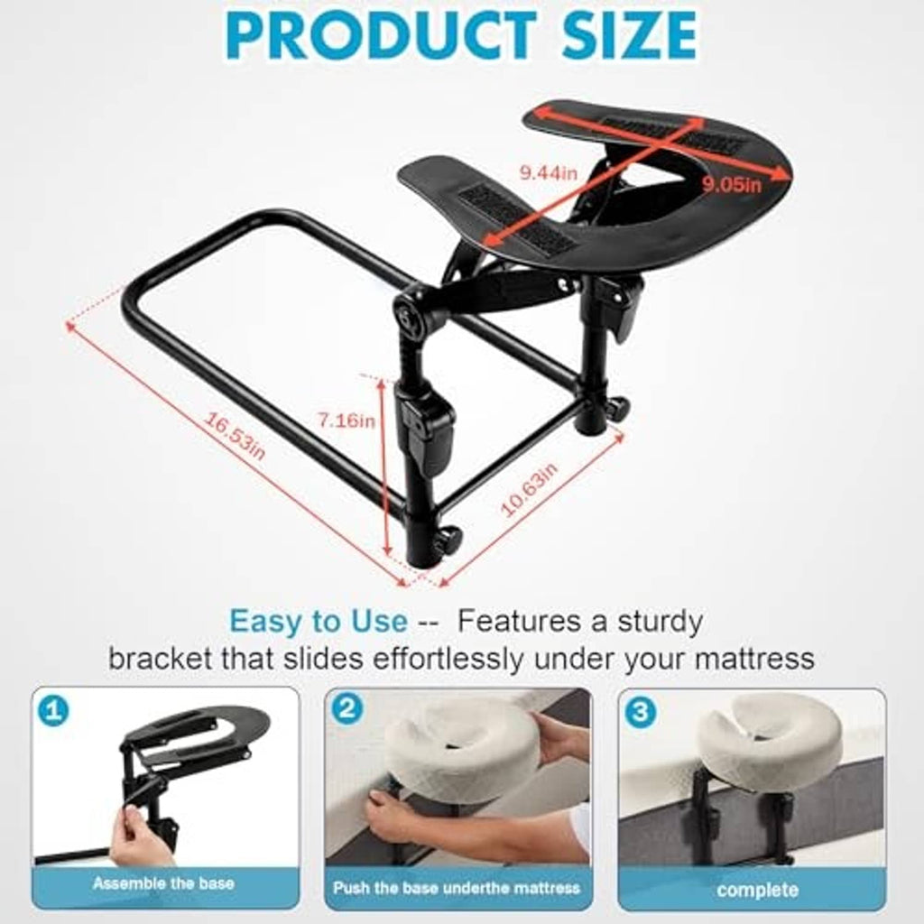 Adjustable bed headrest stand with padded light beige cradle pillow and base