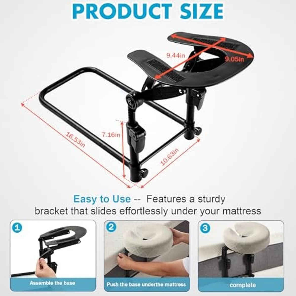 Adjustable bed headrest stand with padded light beige cradle pillow and base