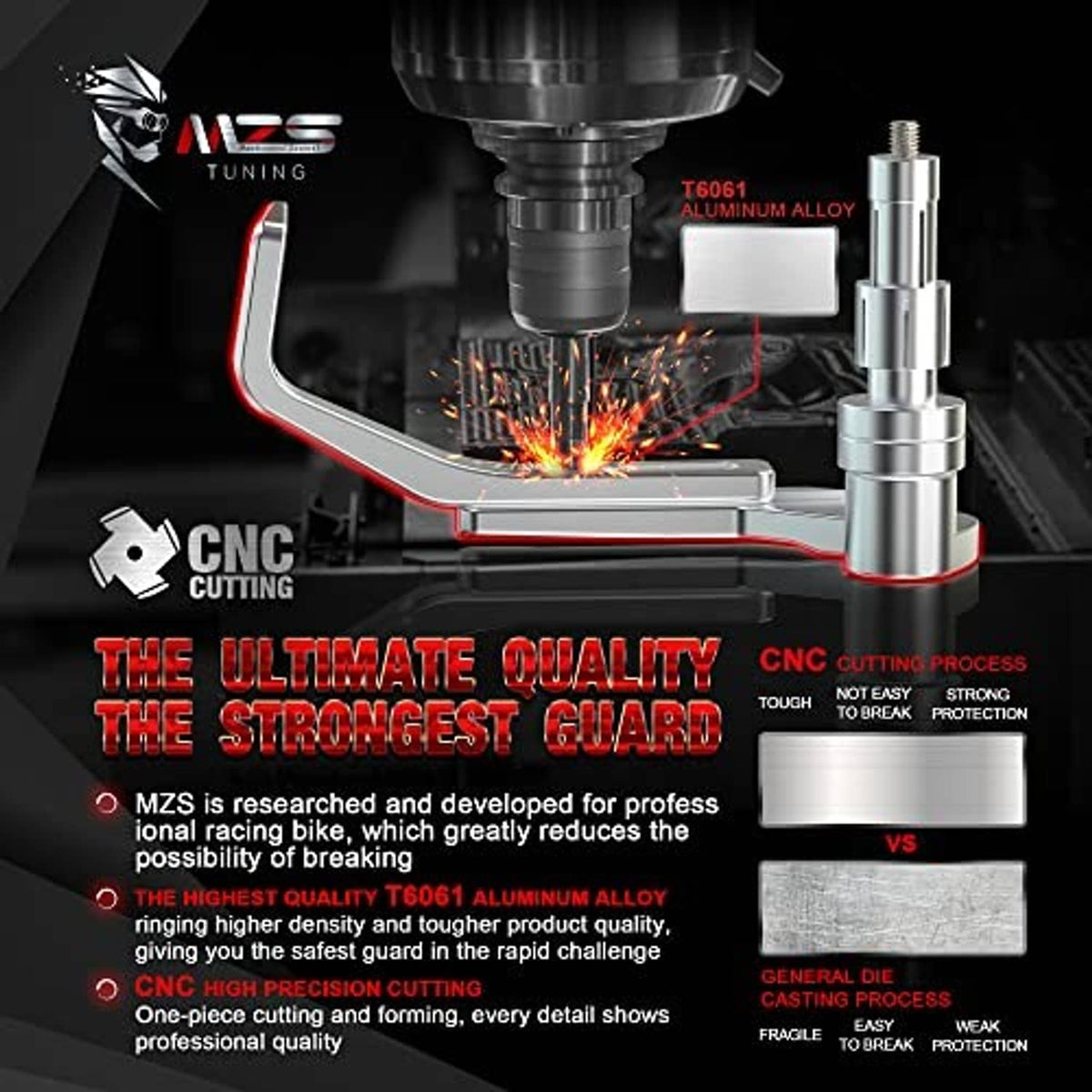 CNC-machined red and silver motorcycle lever guard with aluminum alloy stem detail.
