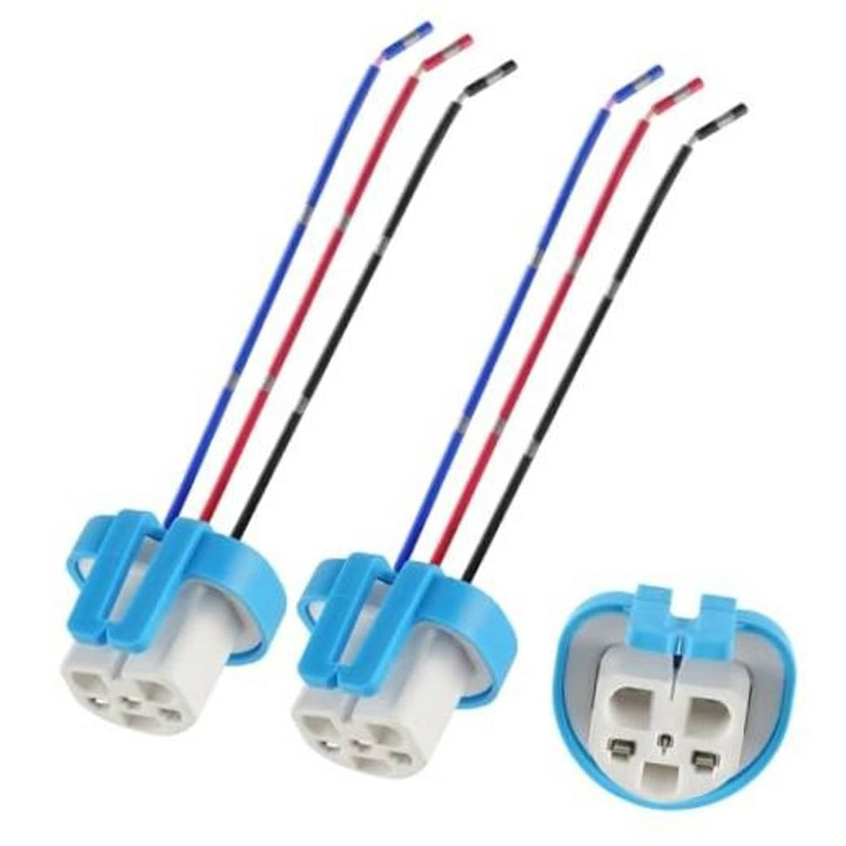 Female wiring harness adapter with blue ceramic sockets and three-color wire leads (red/blue/black).