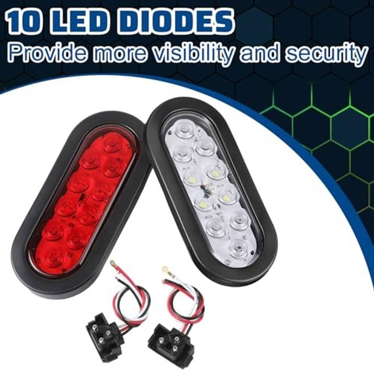 Pair of oval LED trailer lights with red and clear lenses, wiring and plugs included