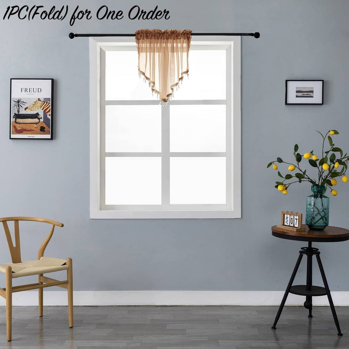Brown sheer valance curtain with gathered top and dangling bead-trim fringe