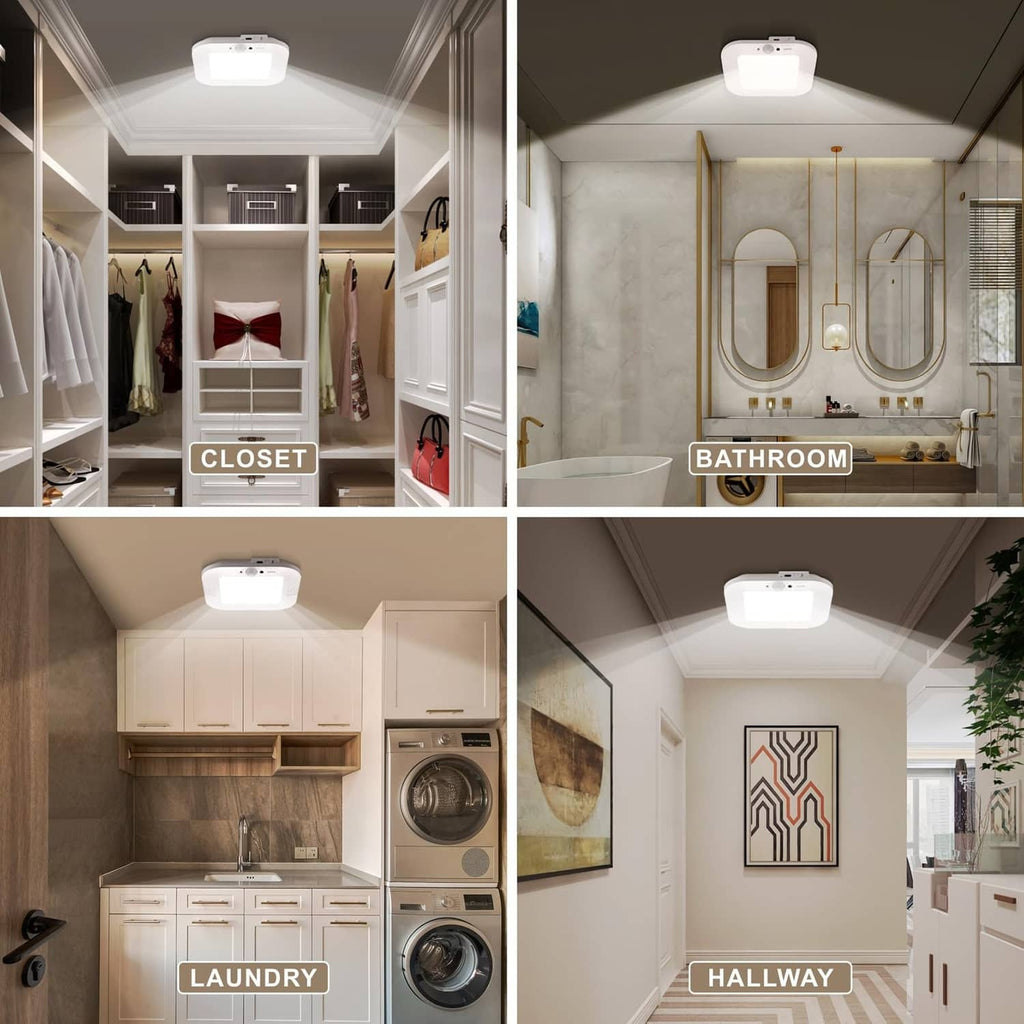 ANOTEK rechargeable motion sensor ceiling light shown on ceilings in multiple rooms