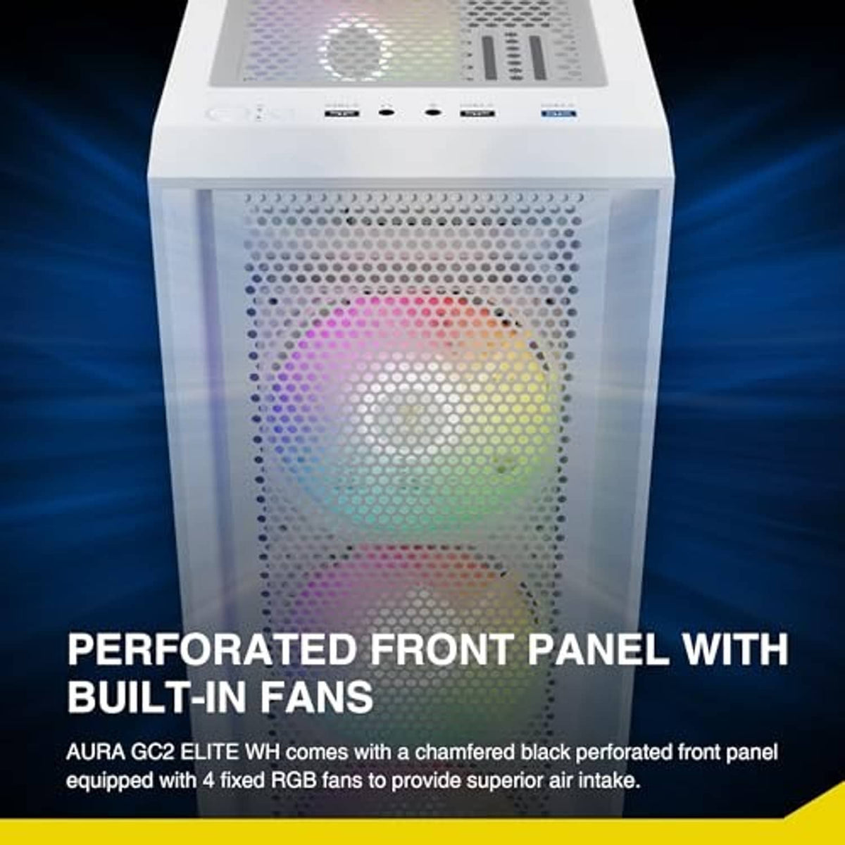 White PC case perforated front panel with RGB fan glow behind the mesh