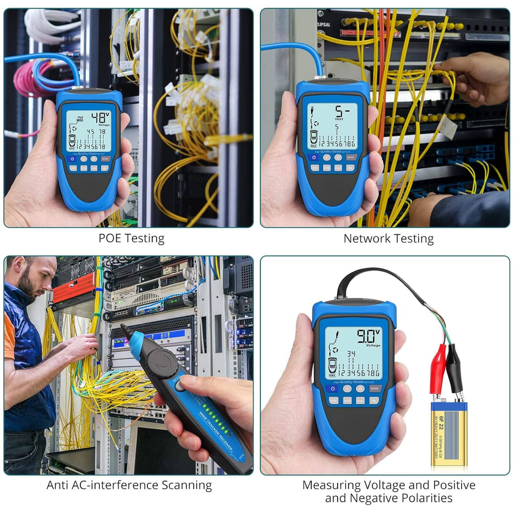 Blue network cable tester handheld showing voltage readout during live network testing