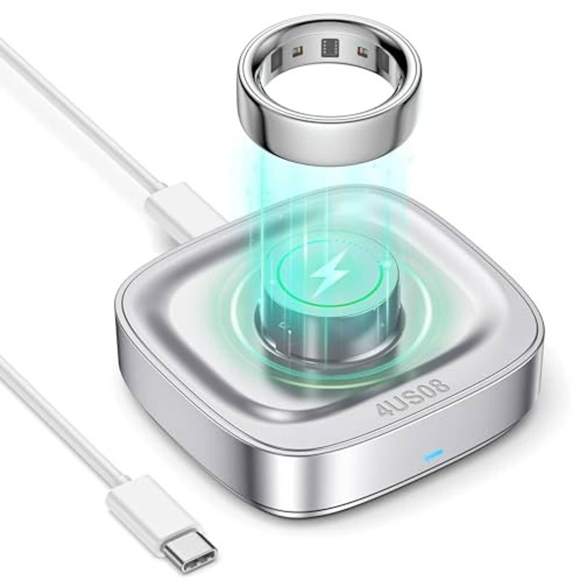 Metallic silver ring charger dock with glowing indicator and USB cable