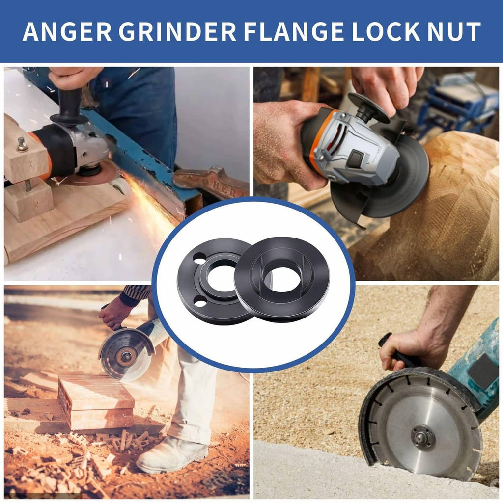 Angle grinder flange lock nut set with two black lock rings for secure grinding