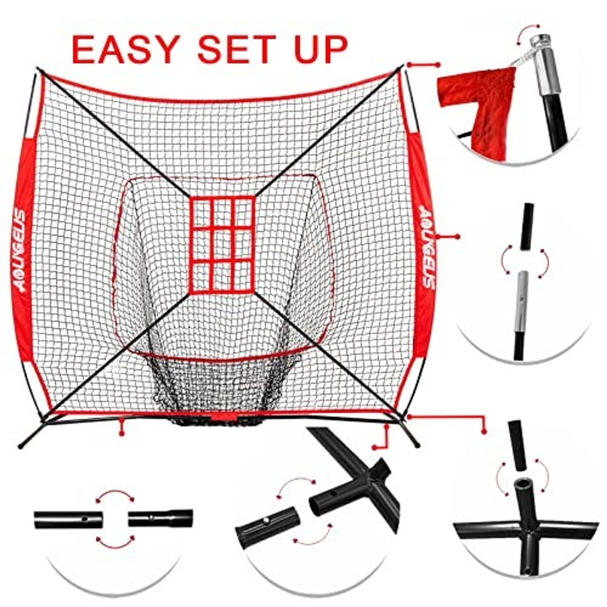 Baseball practice net easy setup diagram with strike zone target and assembled frame parts