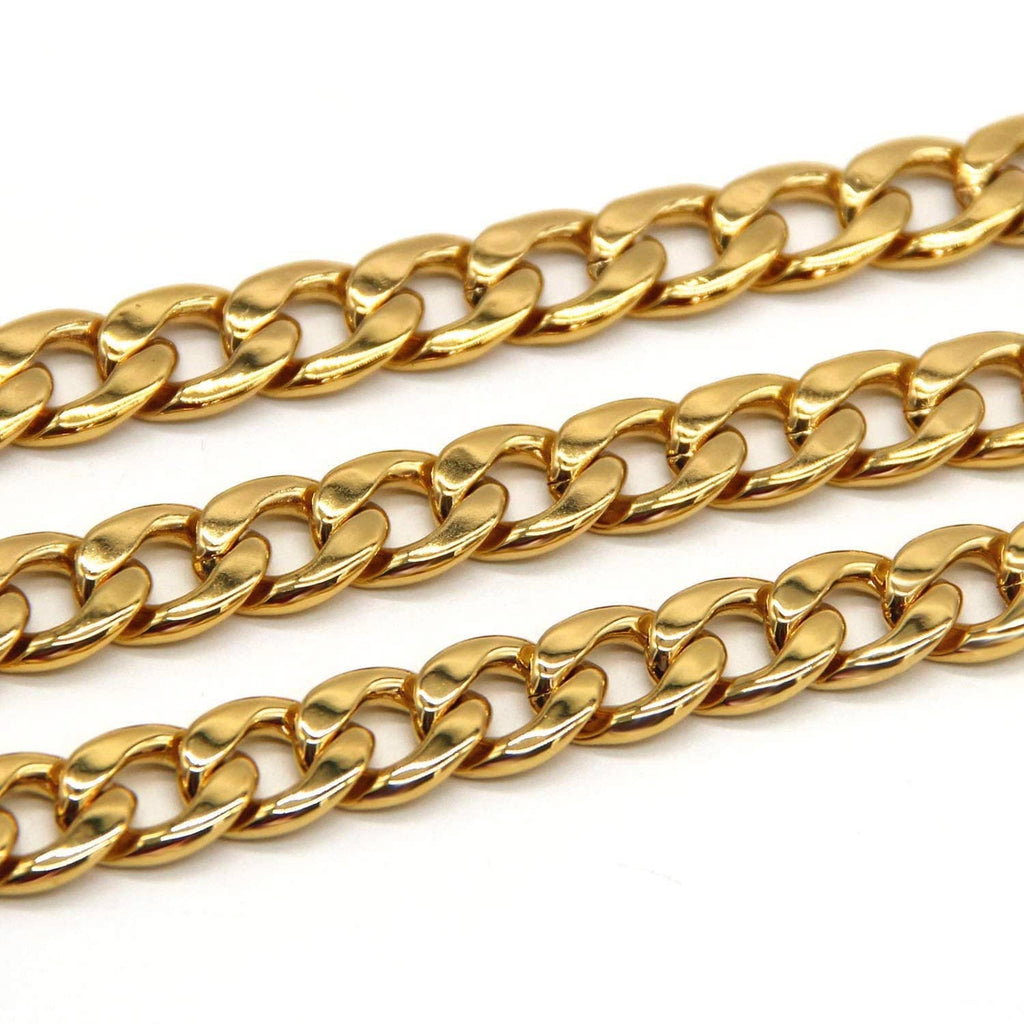Close-up of gold curb-link chain with interlocking links