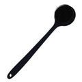 Black silicone body scrubber with long handle and round nubby massage head.