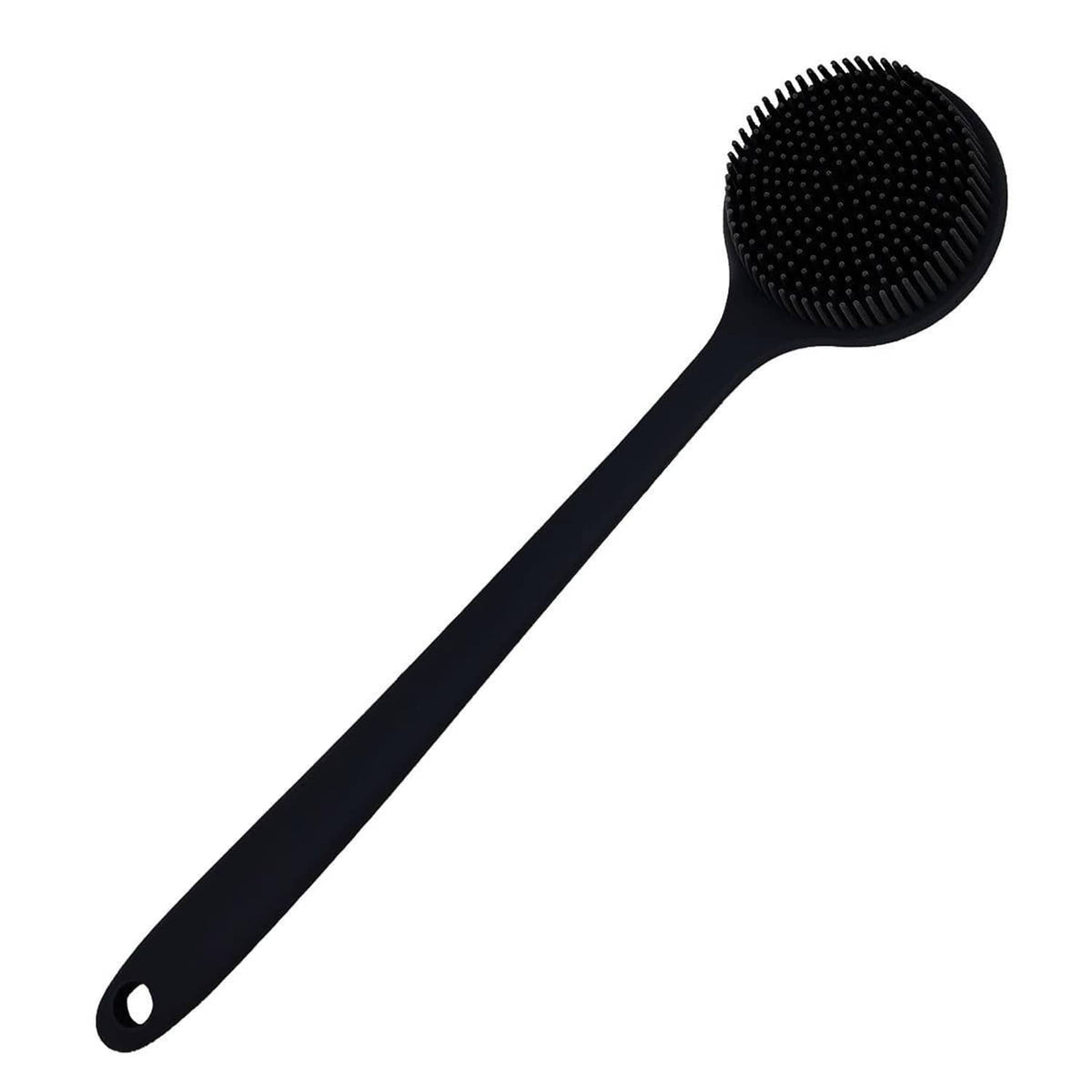 Black silicone body scrubber with long handle and round nubby massage head.