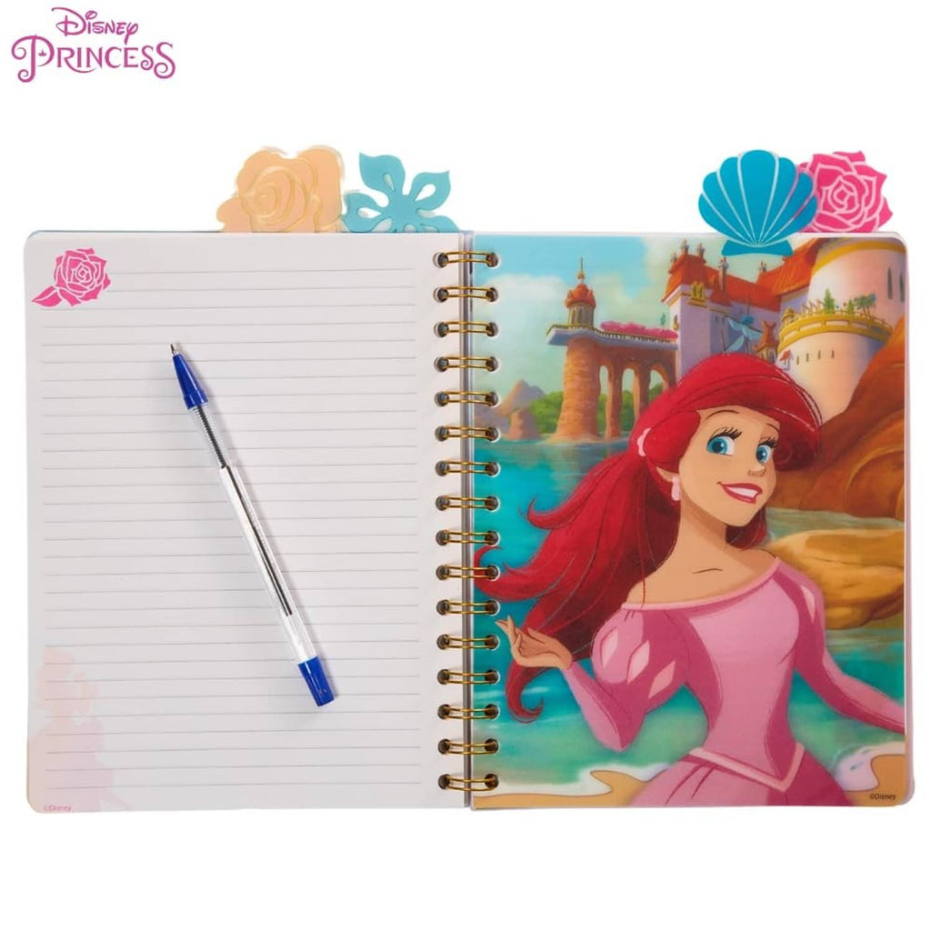 Open Disney Princess spiral notebook with lined left page and castle scene on right cover