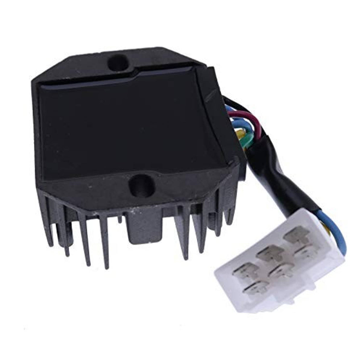 Voltage regulator rectifier module with black box housing, pin terminals, and white connector