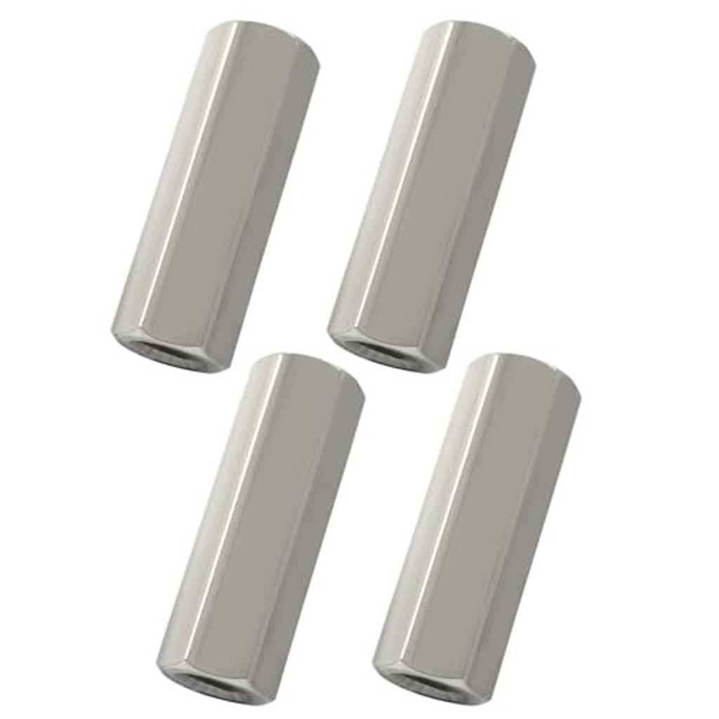 Pack of four silver hex coupling nuts, cylindrical ends with M8 internal threads