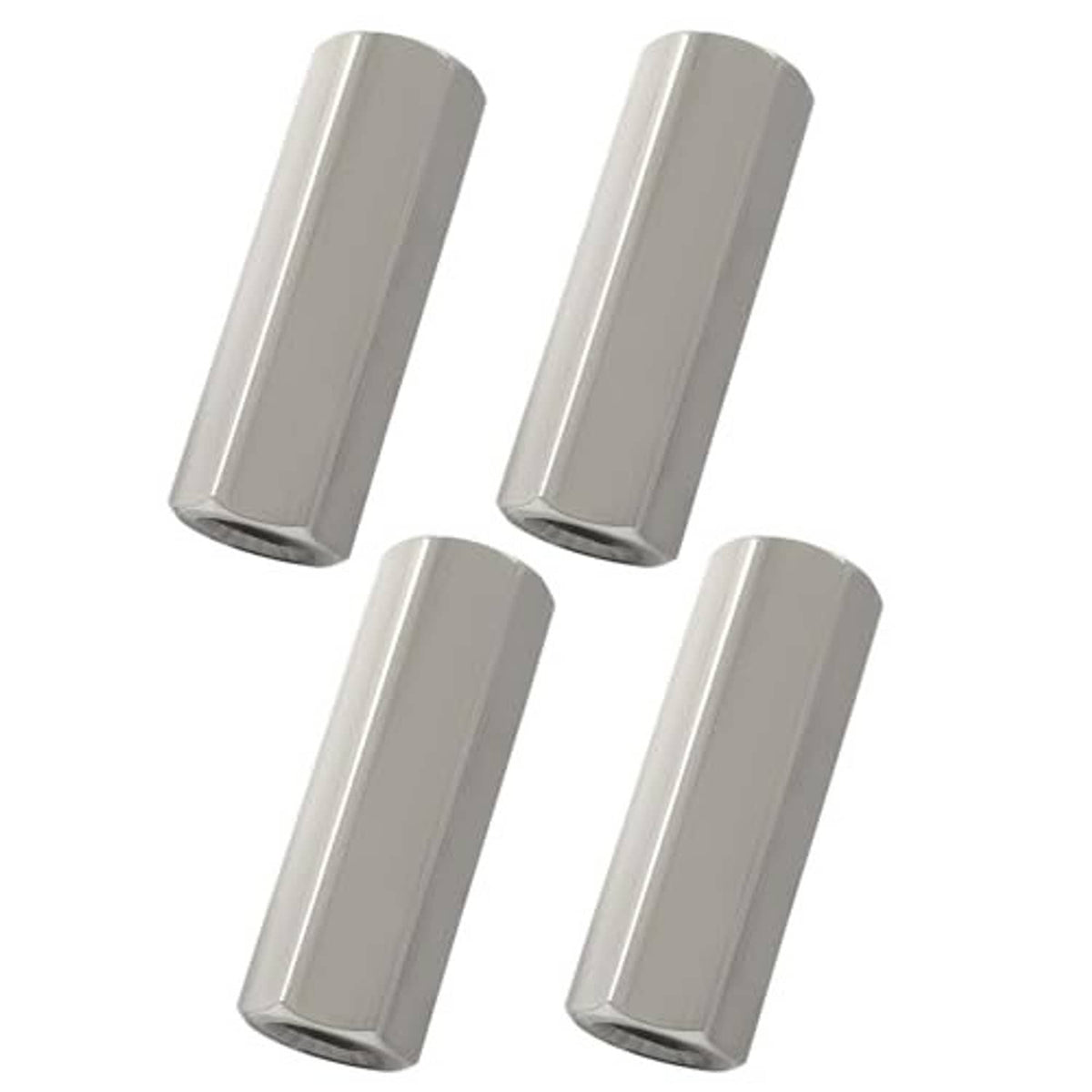 Pack of four silver hex coupling nuts, cylindrical ends with M8 internal threads