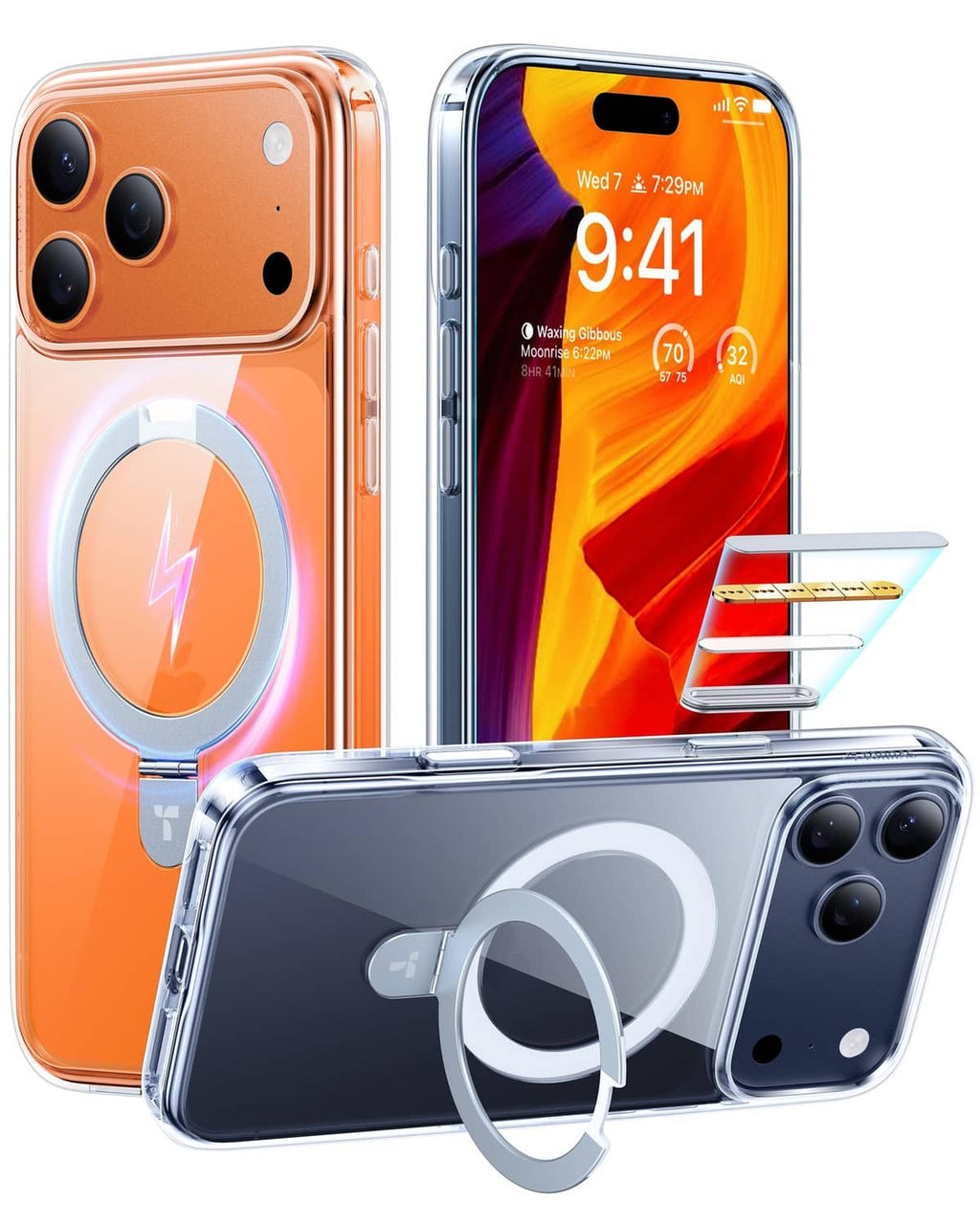 Crystal clear iPhone case with magnetic ring stand and camera cutouts, orange and blue devices