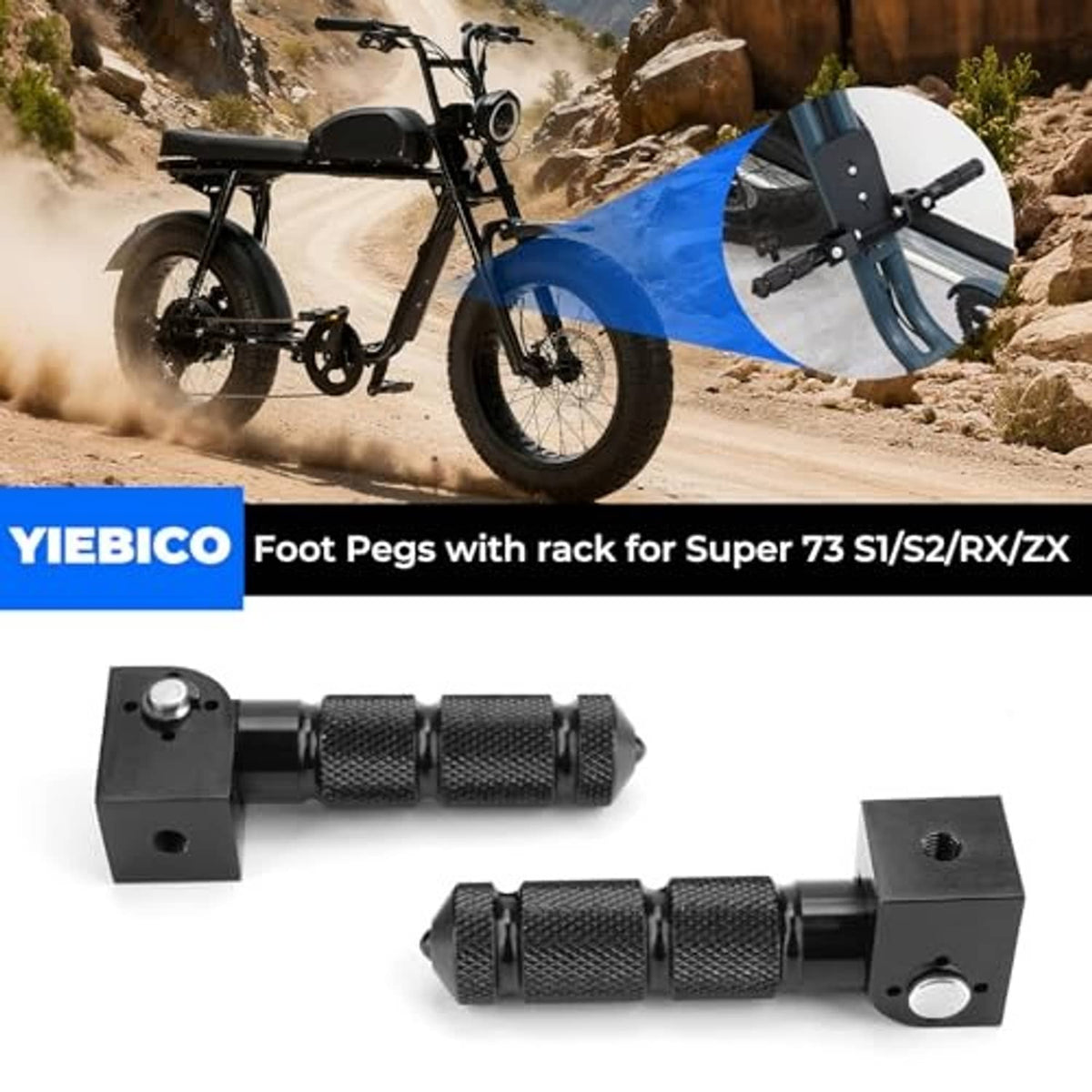 Two black bicycle foot peg arms with textured non-slip grips and mounting brackets