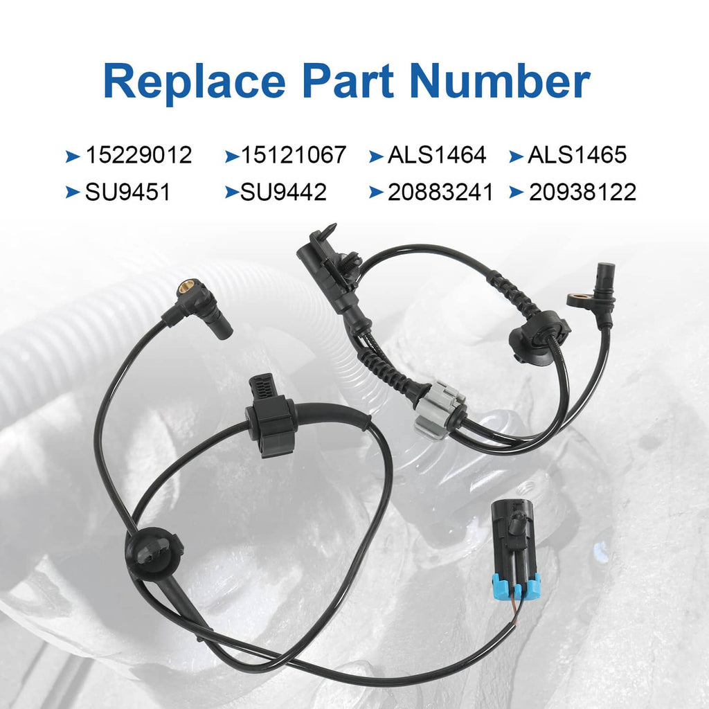 Four ABS wheel speed sensors with wiring harness and blue connector tabs