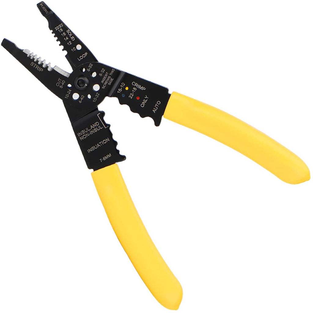 Wire stripping and crimping tool with yellow insulated handles and black jaws