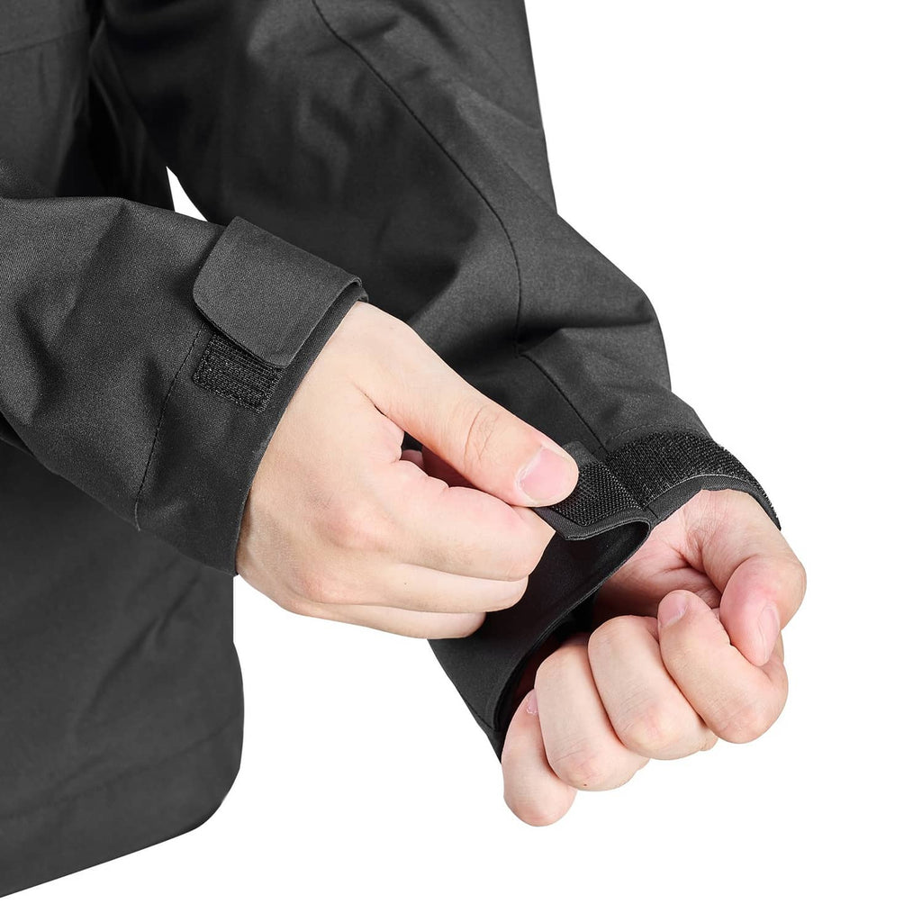 Black heated soft shell jacket sleeve with elastic cuff and inner pocket opening