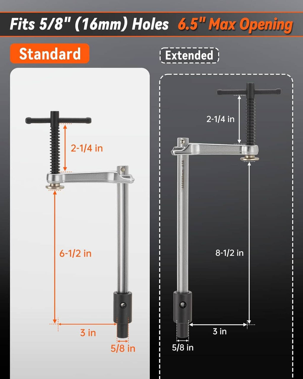 Welding table clamp diagram showing silver frame with black threaded adjustment posts