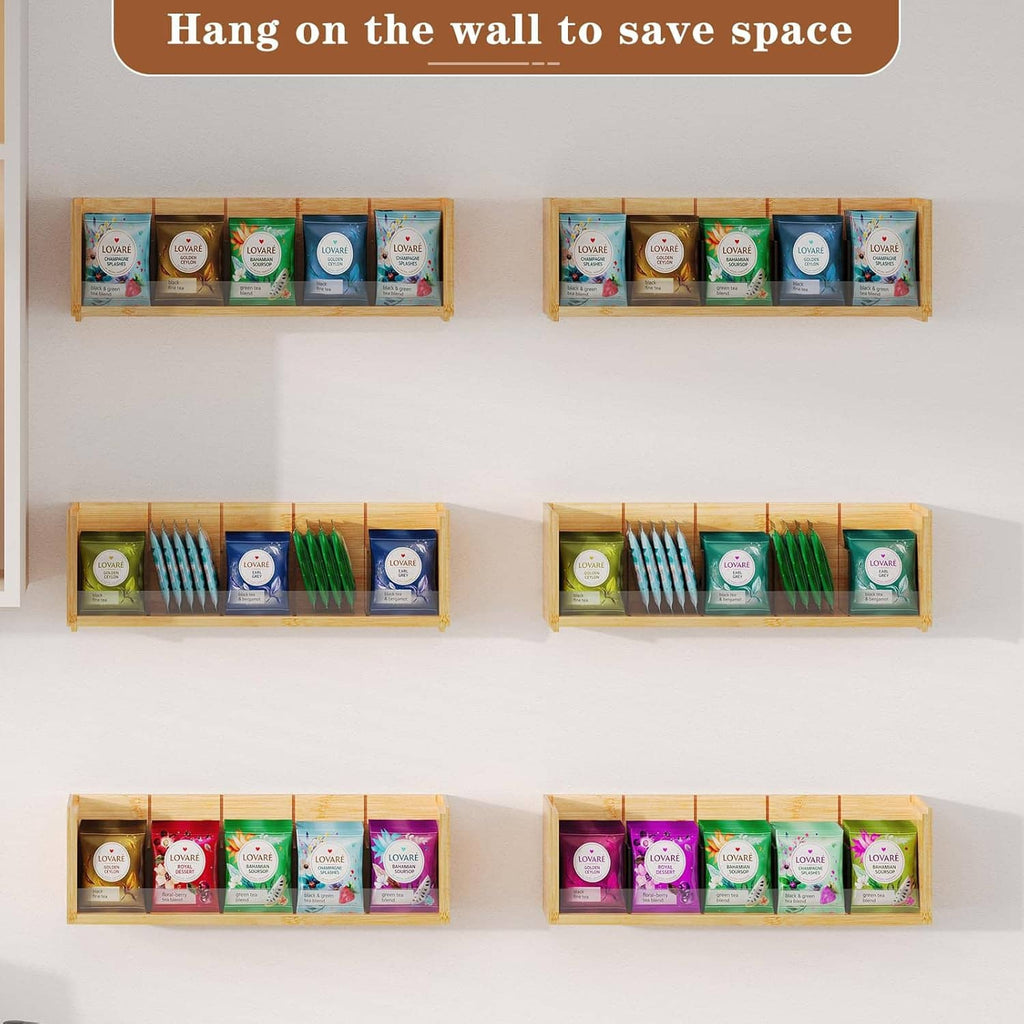 Wall-mounted bamboo tea bag organizer set with multiple compartments holding tea packets