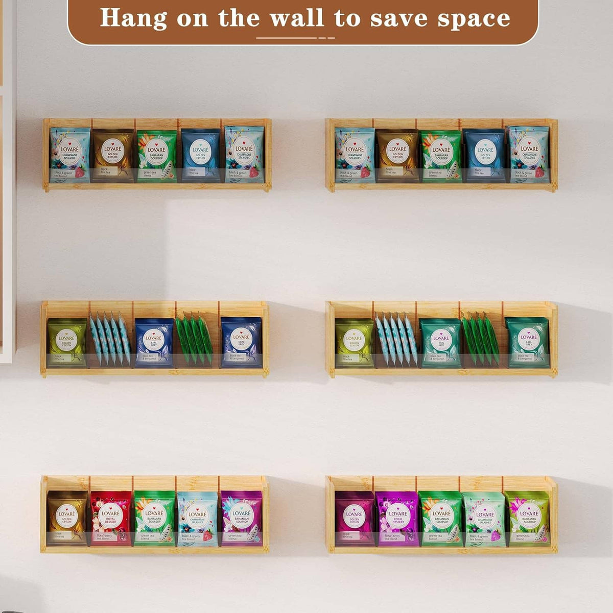 Wall-mounted bamboo tea bag organizer set with multiple compartments holding tea packets