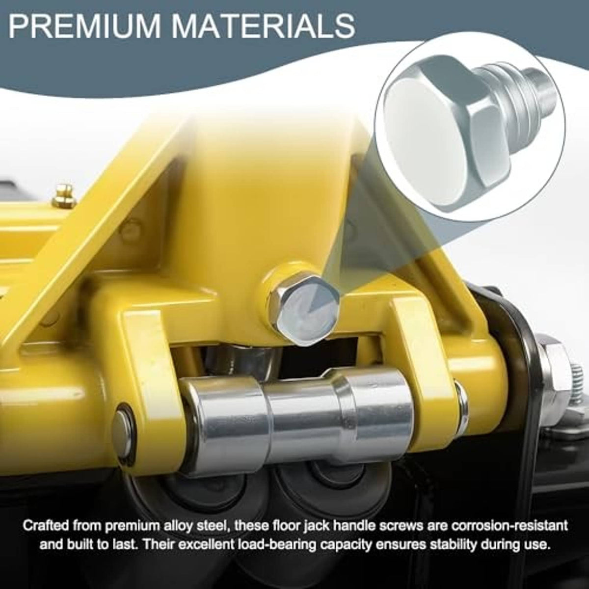 Steel jack handle bolts with hex heads, close-up on hydraulic jack