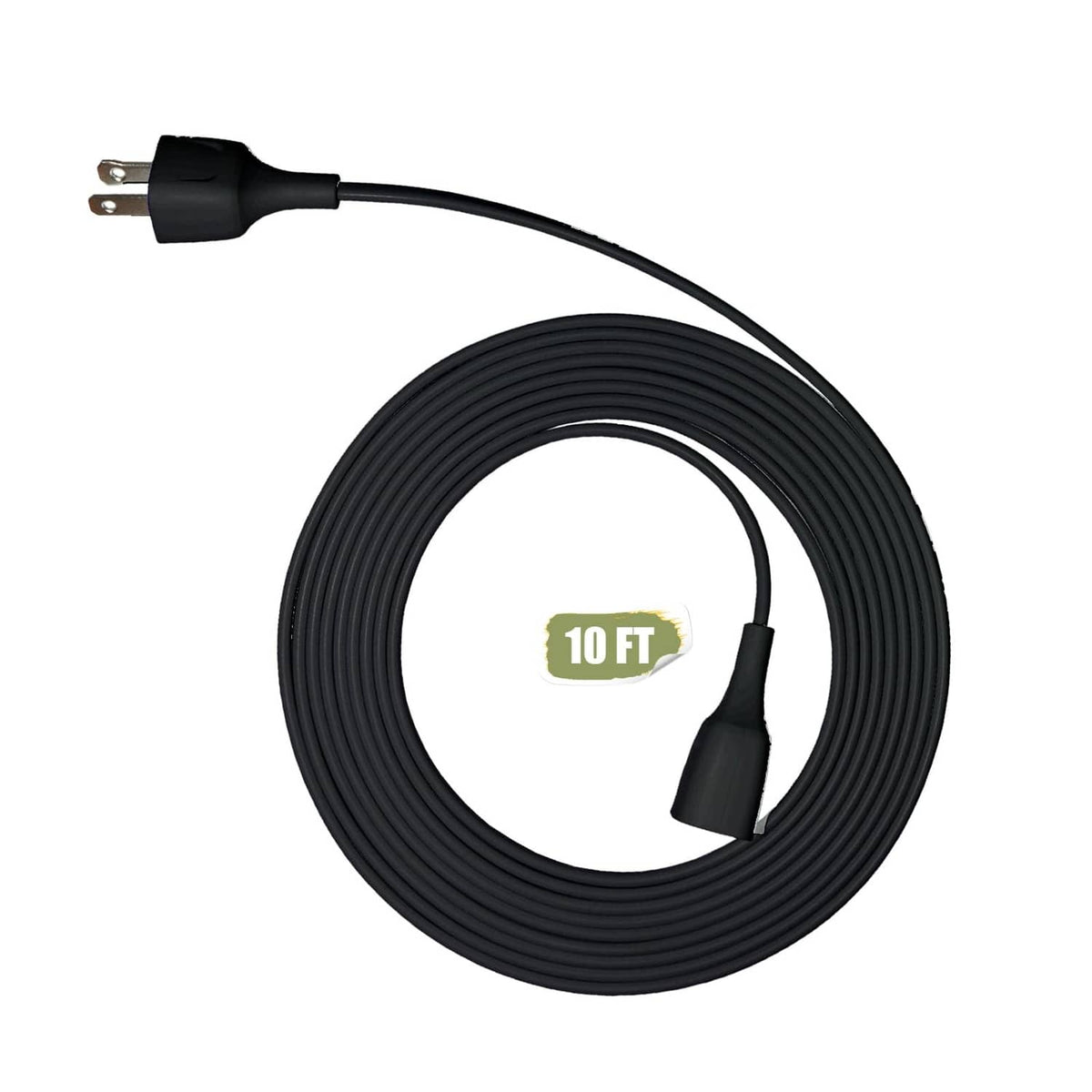 Black 10 ft extension cord with two-prong plug, neatly coiled with label 10 FT.
