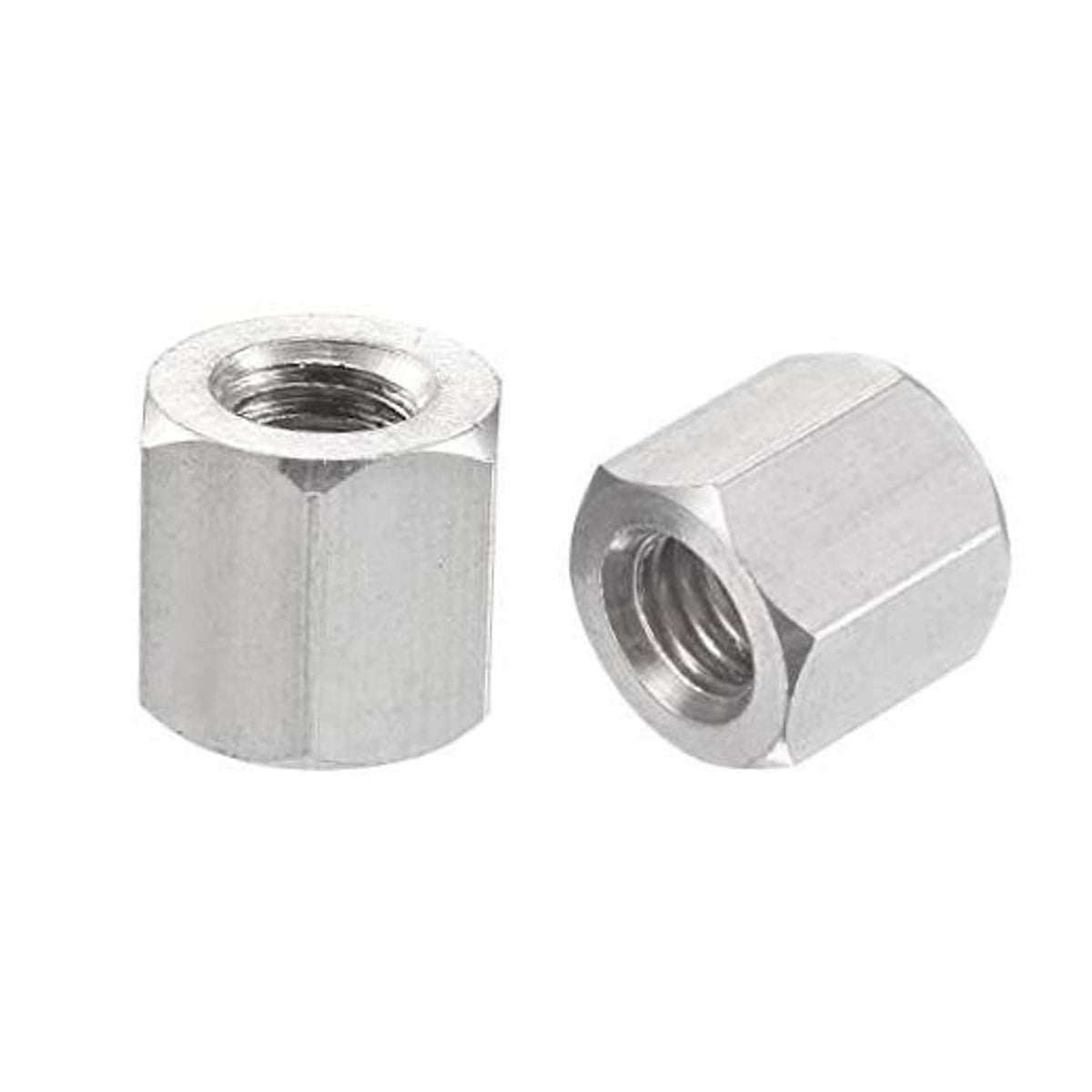 M6 stainless steel hex coupling nut, 10mm length, internal thread, polished metal