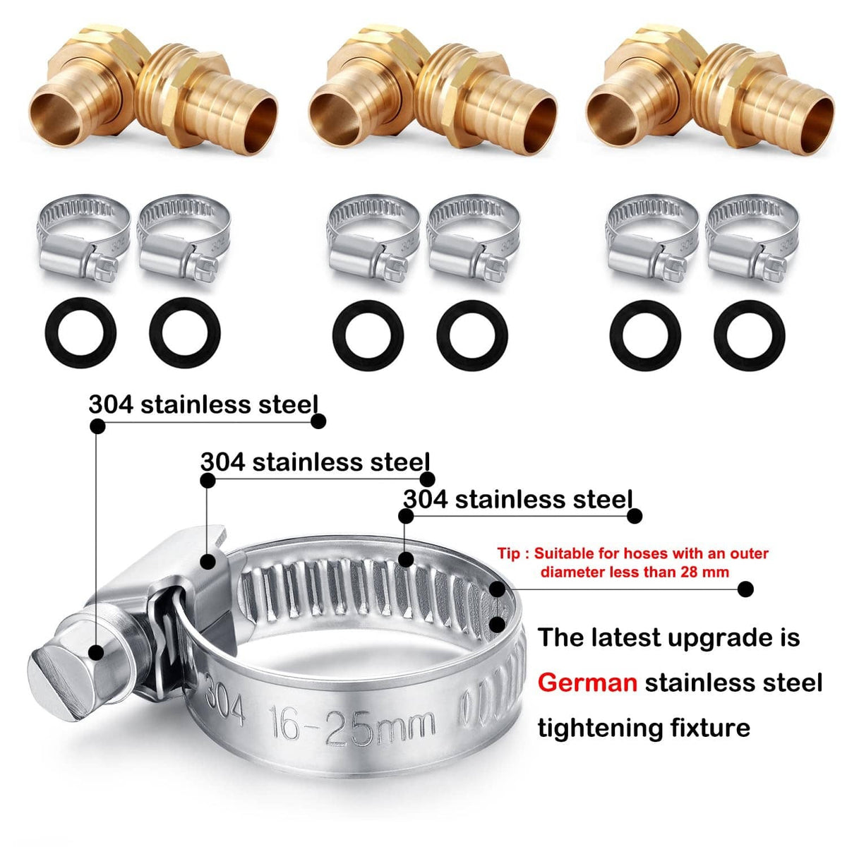 Brass hose repair connector set with stainless steel clamps and rubber rings