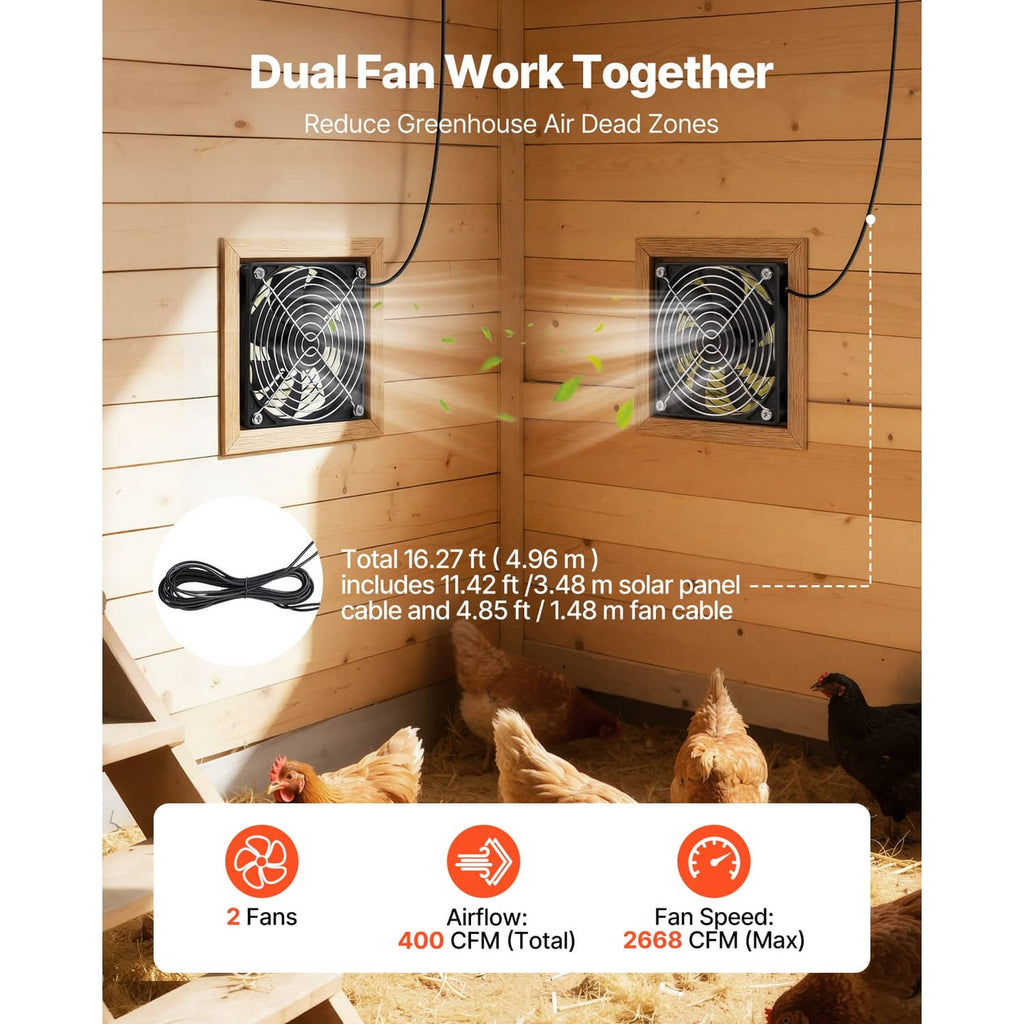 Dual fan units with black wiring mounted in a wooden coop for greenhouse ventilation