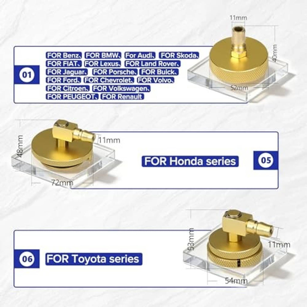 Brass adapter fittings with labeled sizes and ports for multiple vehicle series